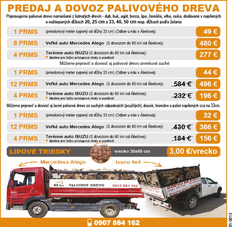 predaj dreva cennik